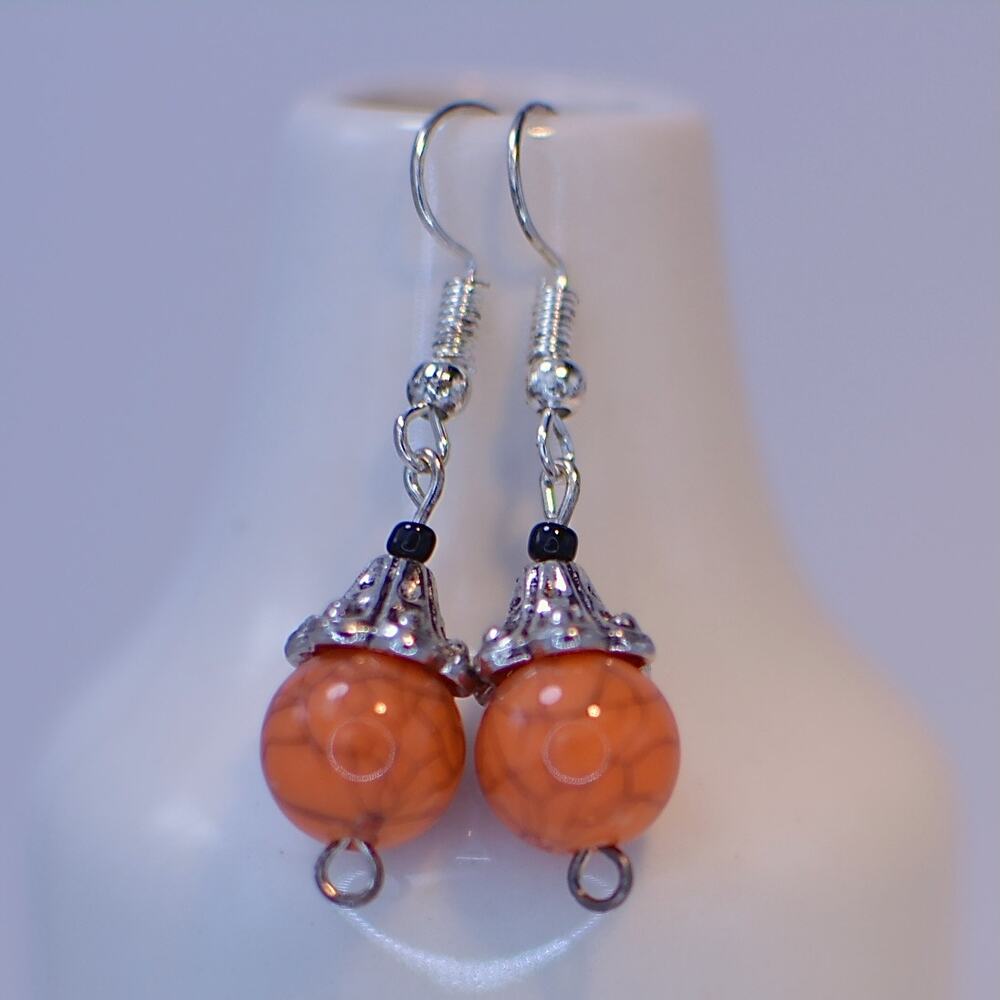 Orange, Silver, and Black Spiderweb Earrings — Handmade